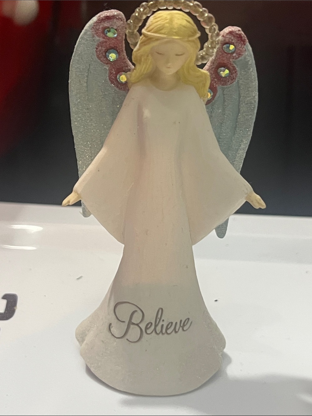 Believe Angel Figurine - White and Blue Home Accent Jeweled Wings Celestial 425